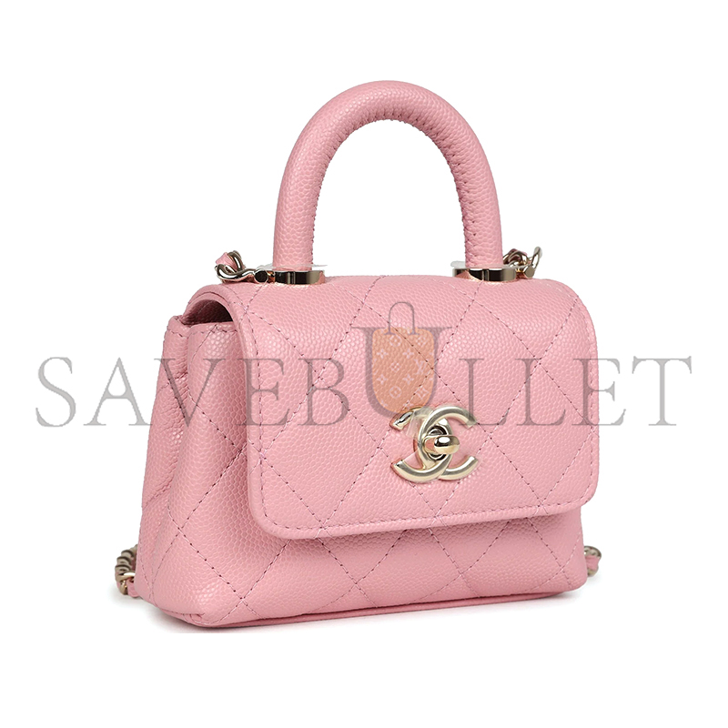 CHANEL MASTER GRAINED CALFSKIN NANO COCO TOP HANDLE FLAP BAG LIGHT GOLD HARDWARE PINK AP4245 (11*9*5cm)